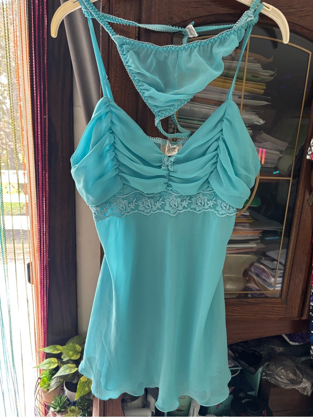 Sheer Turquoise Lace-Trim Chemise with Ruched Bodice